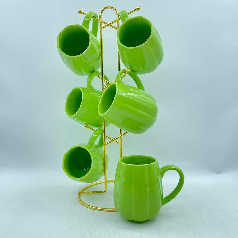 6-Piece Ribbed Ceramic Mug Set on Gold Metal Mug Tree, Green