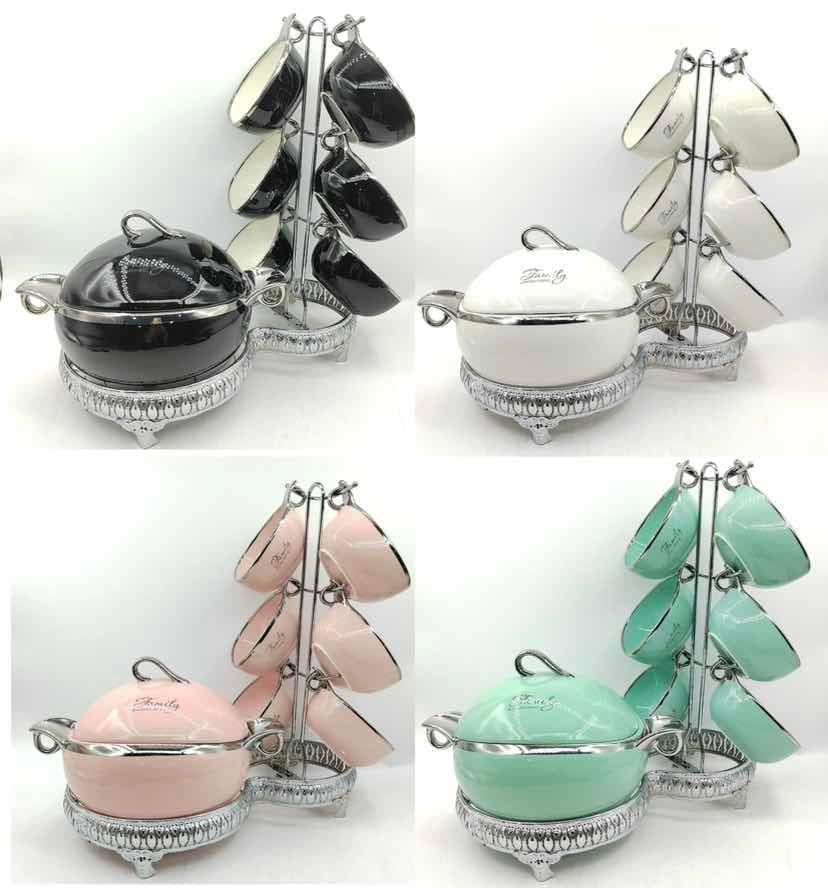 Assorted Ceramic Tea Cup and Sugar Bowl Set with Silver-Trimmed Stand