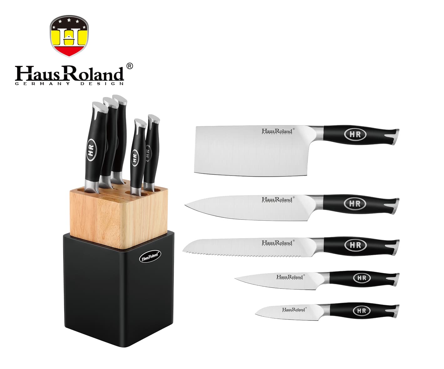 HausRoland 6-Piece Kitchen Knife Set with Wooden Block, Black Handles