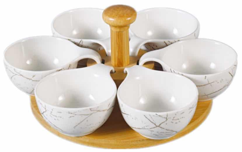 6-Piece Marble-Effect Ceramic Bowl Set on Rotating Bamboo Base with Handle