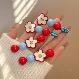 Flower and Bead Hair Clips, Red and Blue