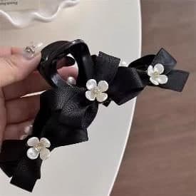 Black Ribbon Bow Claw Clip with Flower