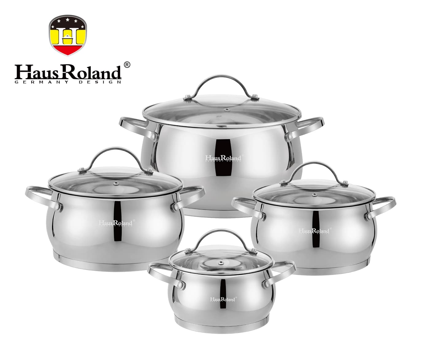 HausRoland 4-Piece Graduated Stainless Steel Belly Casserole Set with Glass Lids
