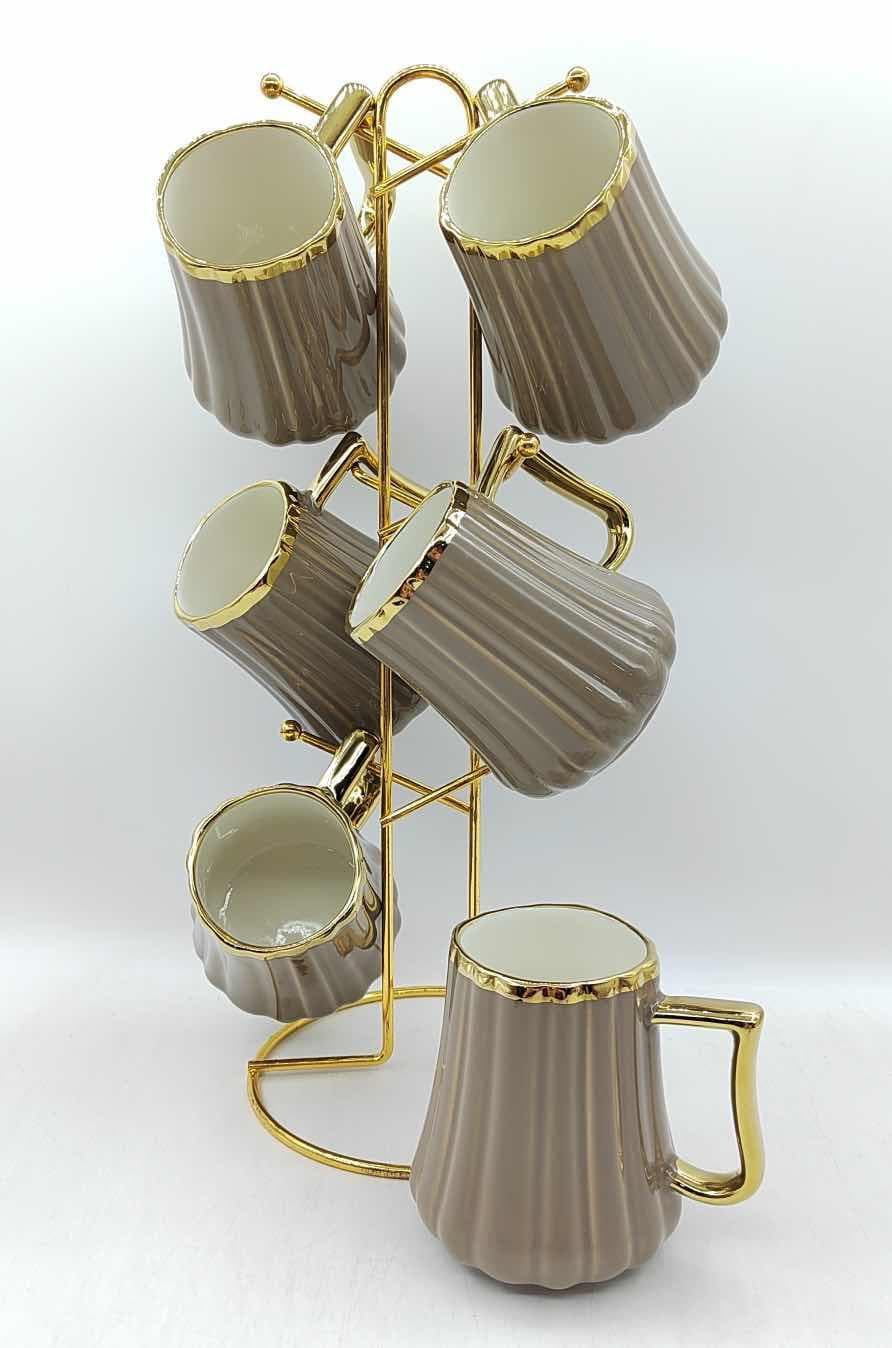 6-Piece Gold-Rimmed Fluted Ceramic Mug Set on Gold Metal Mug Tree, Grey