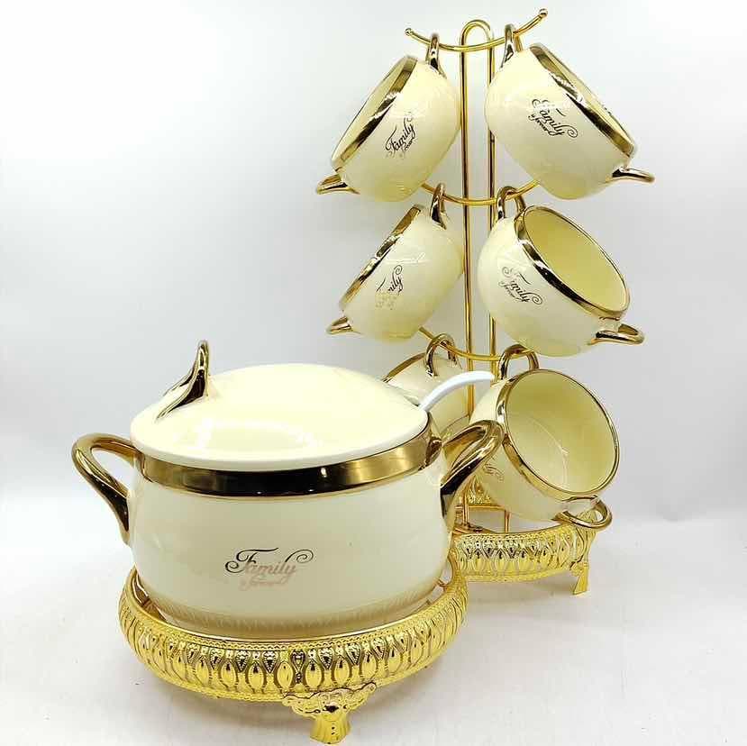 Ceramic Sugar Bowl and Six Cup Set with Gold Stand, Cream