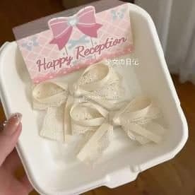 Lace Bow Hair Clip Pair in a Gift Box, Cream