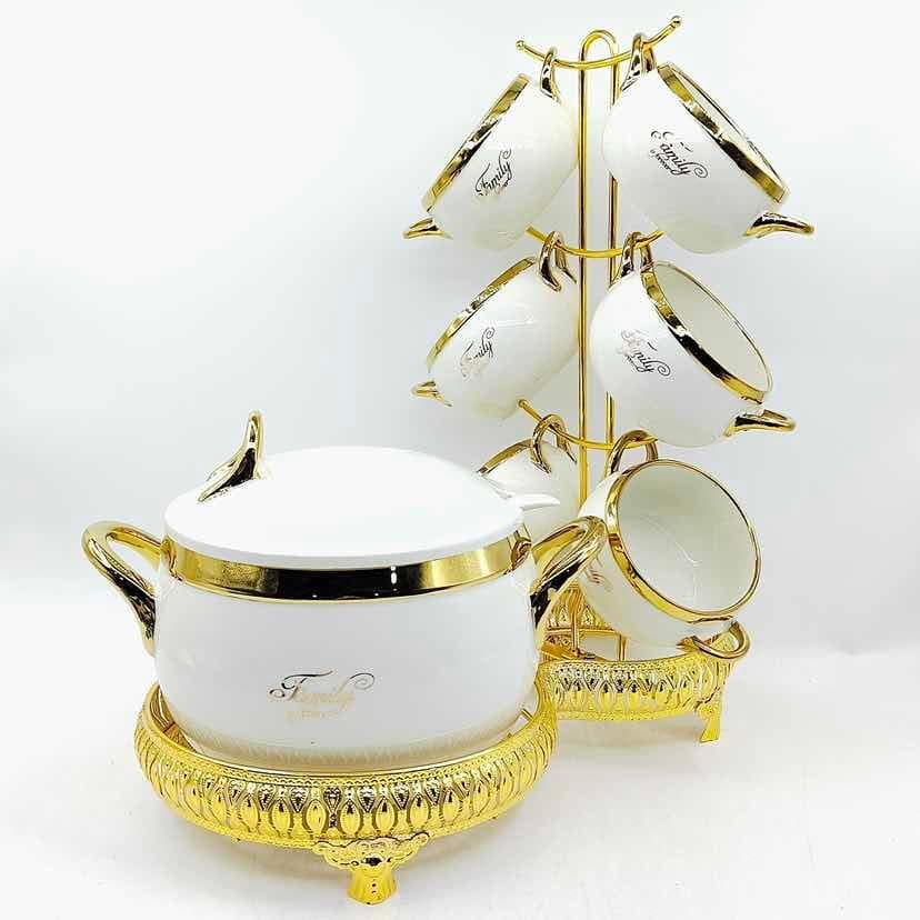 Ceramic Sugar Bowl and Six Cup Set with Gold Stand, White