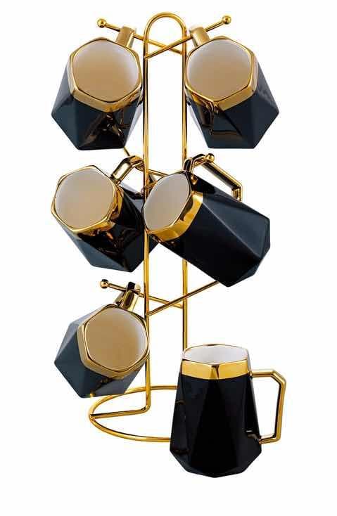 6-Piece Gold-Rimmed Geometric Ceramic Mug Set on Gold Metal Mug Tree, Black