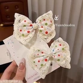 Lace Bow Hair Clips with Dots, Cream