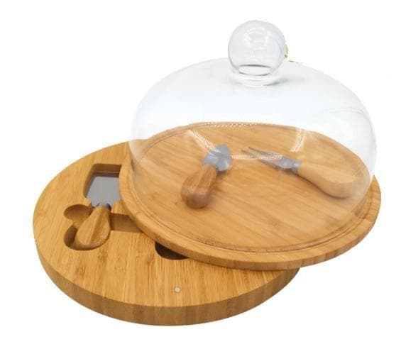 Round Bamboo Cheese Board with Glass Dome and Knife Set