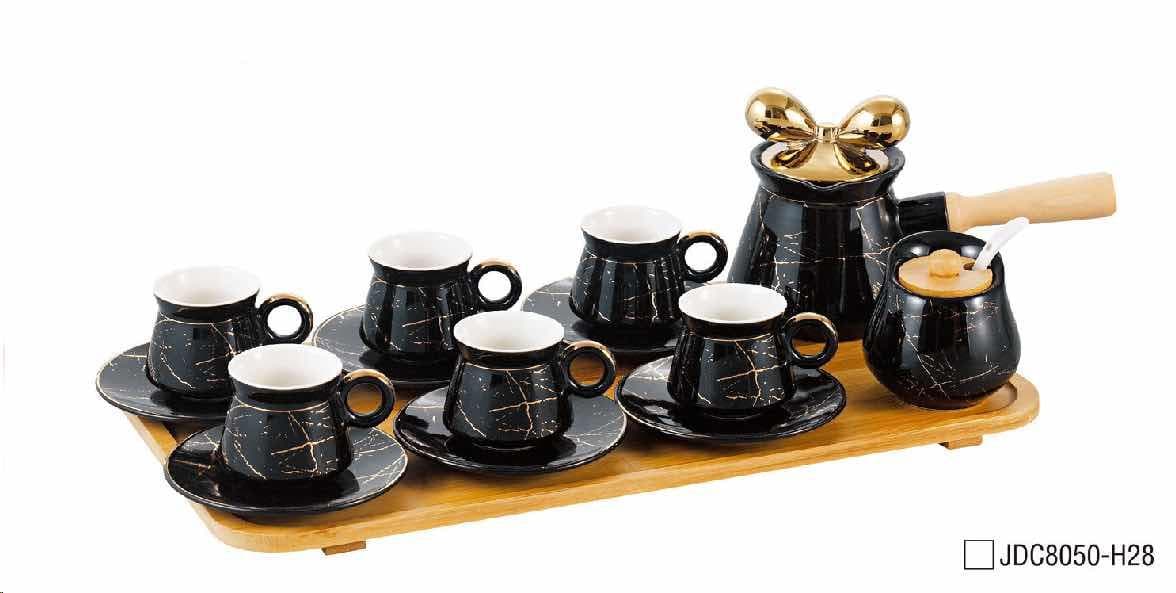 Black Marble-Effect Ceramic Turkish Coffee Set with Six Cups, Saucers and Pot on Bamboo Tray