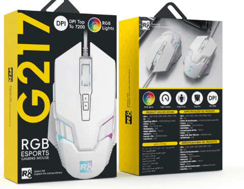 R8 G217 7D Wired Gaming Mouse RGB Lighting, 800-1200-1600-2400-4800-7200 DPI