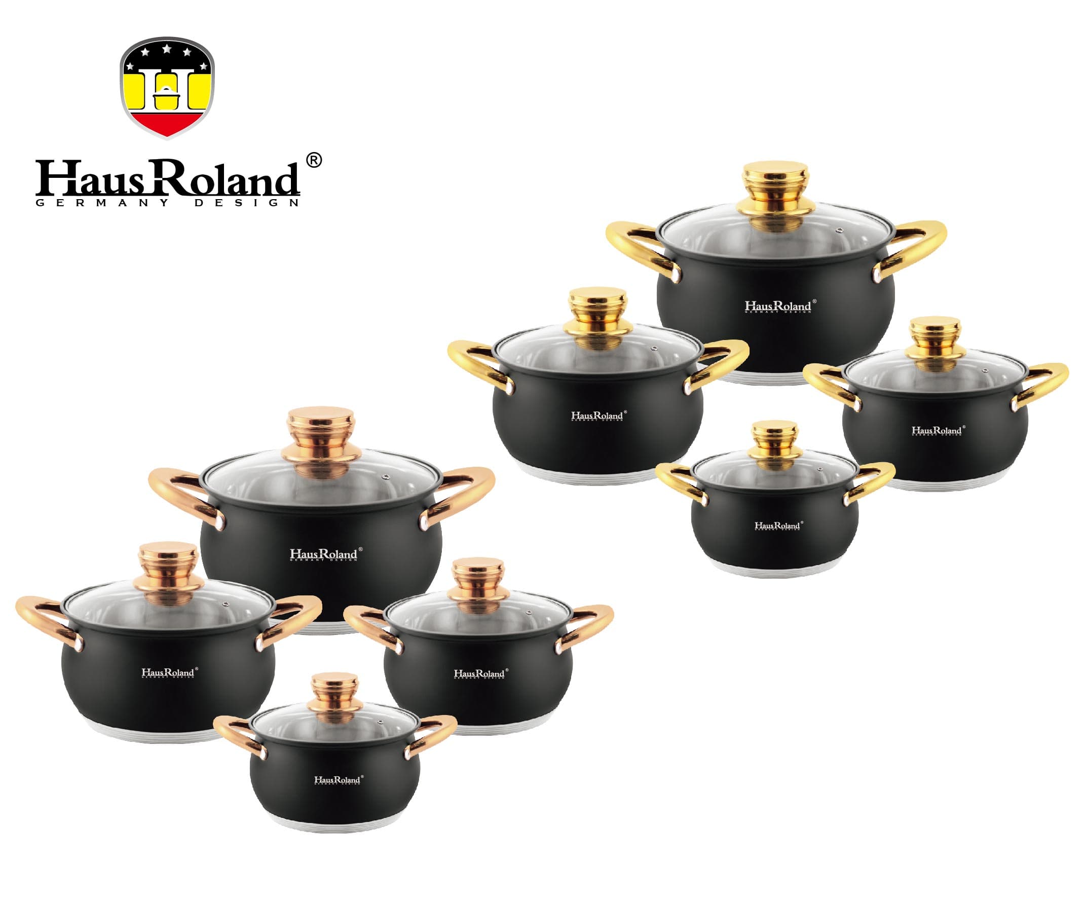 HausRoland Black Belly Cookware Set with Gold-Tone Handles
