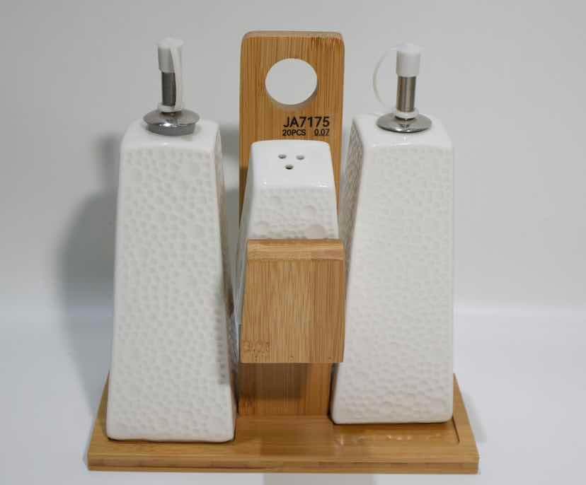 Square Textured Ceramic Oil and Vinegar Set with Shaker on Bamboo Stand