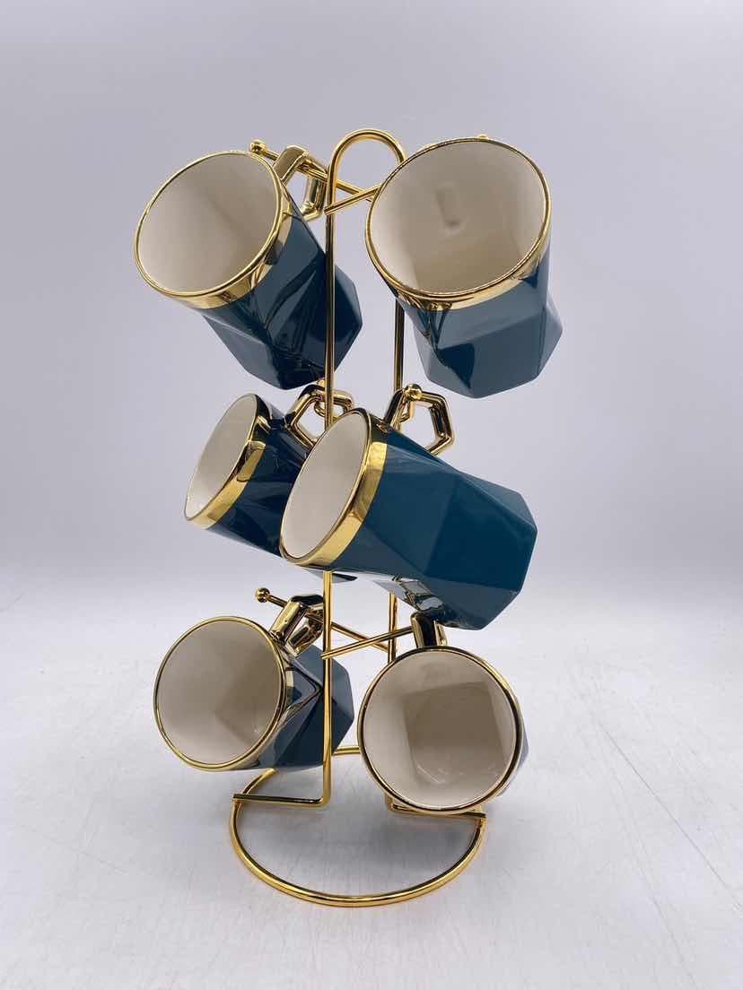 6-Piece Gold-Rimmed Hexagonal Ceramic Mug Set on Gold Metal Mug Tree, Dark Green