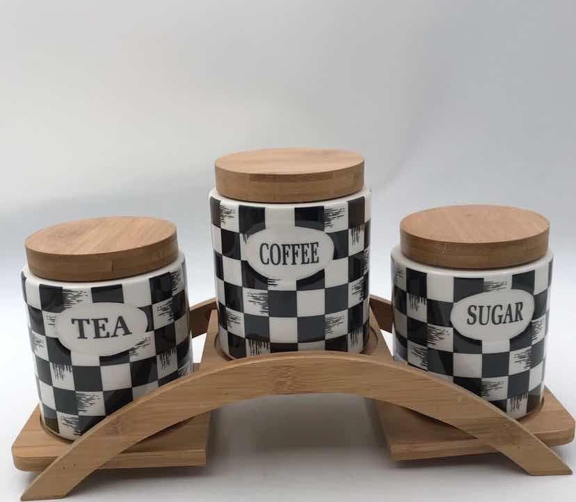 3-Piece Chequerboard Ceramic Canister Set with Bamboo Lids on Arched Bamboo Stand