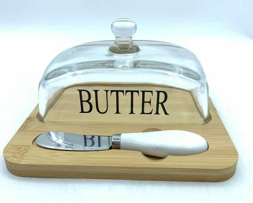 Glass Butter Dome with Bamboo Board and Spreader
