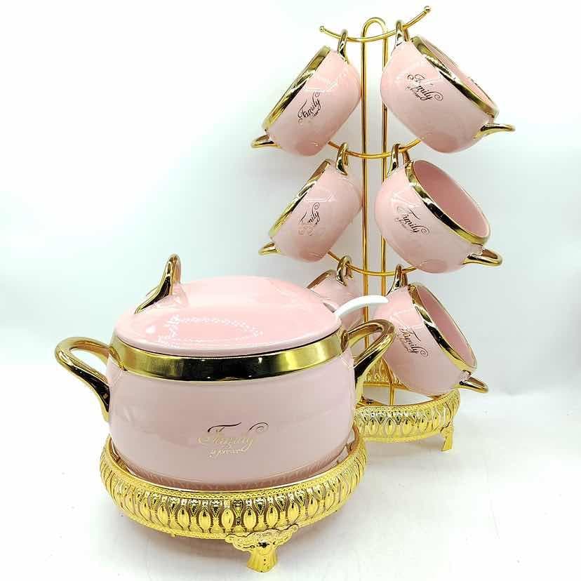 Ceramic Sugar Bowl and Six Cup Set with Gold Stand, Pink