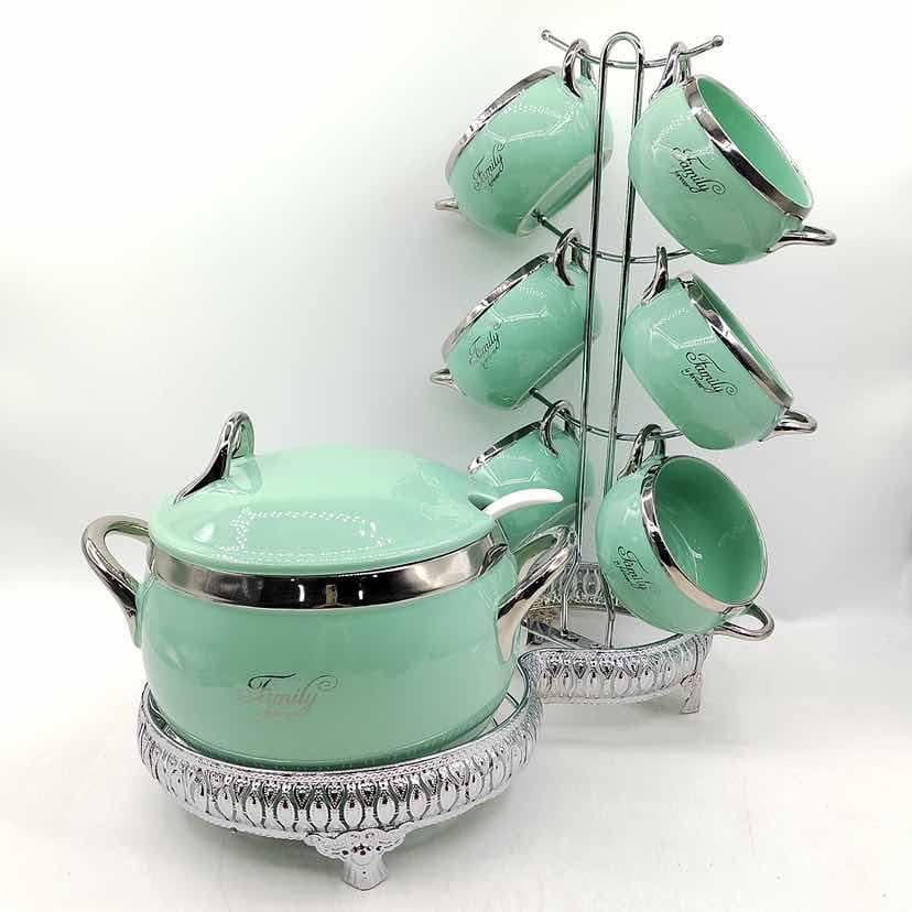 Ceramic Sugar Bowl and Six Cup Set with Silver Stand, Light Green