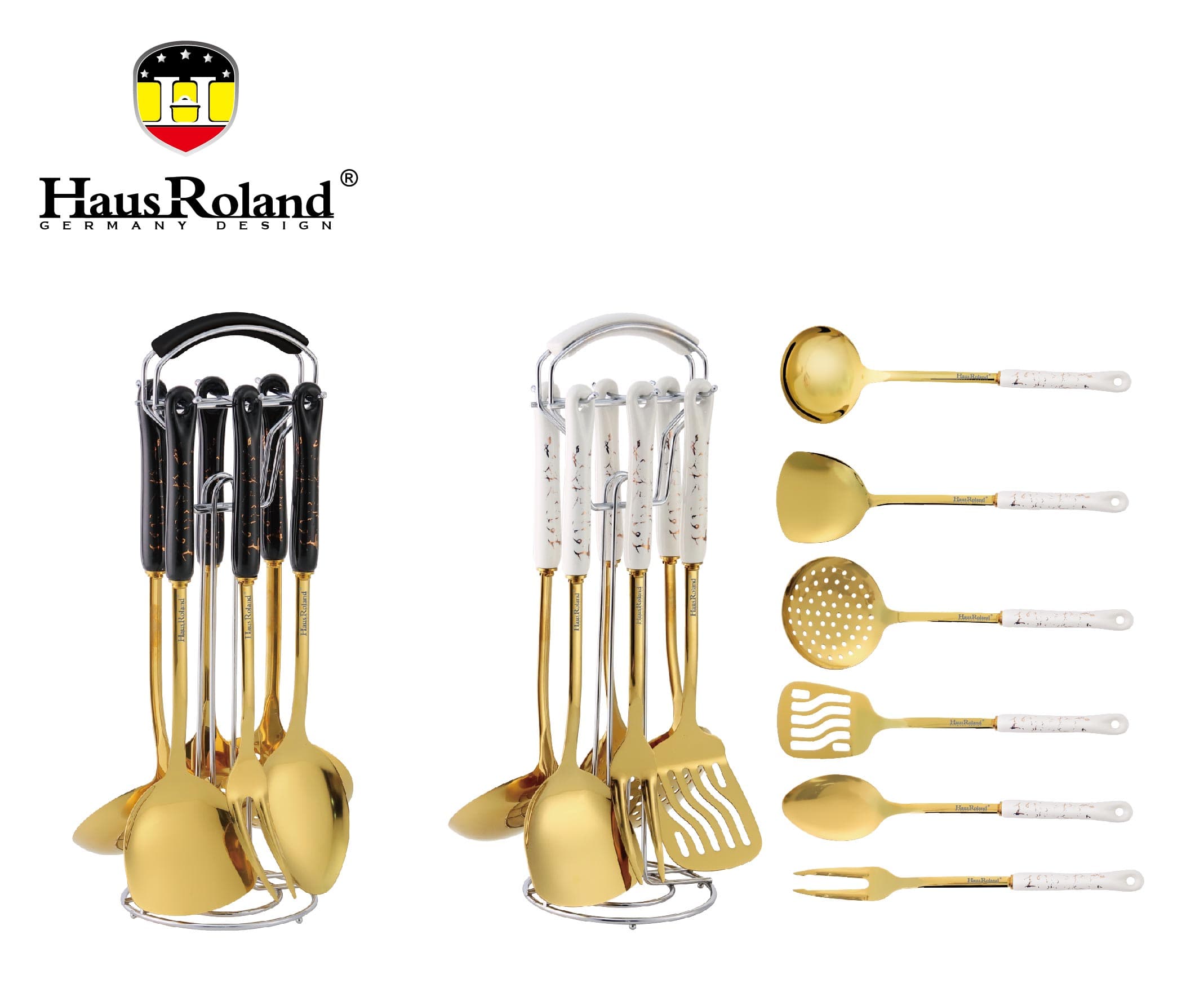 HausRoland 6-Piece Kitchen Utensil Set with Stand, Gold and White