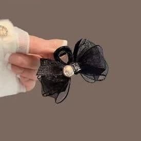 Organza Bow Scrunchie with Pearl, Black