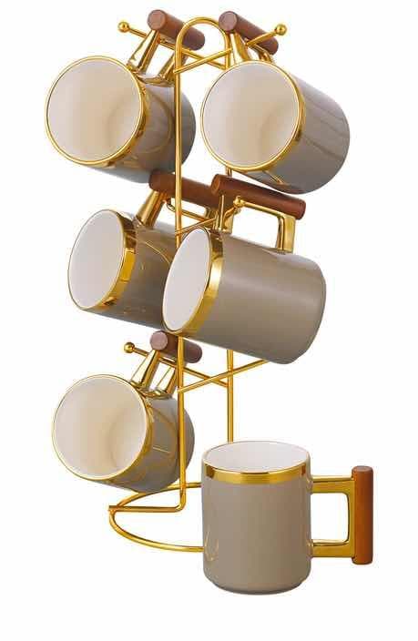 6-Piece Gold-Rimmed Tapered Ceramic Mug Set with Wooden Handles on Gold Metal Mug Tree, Grey