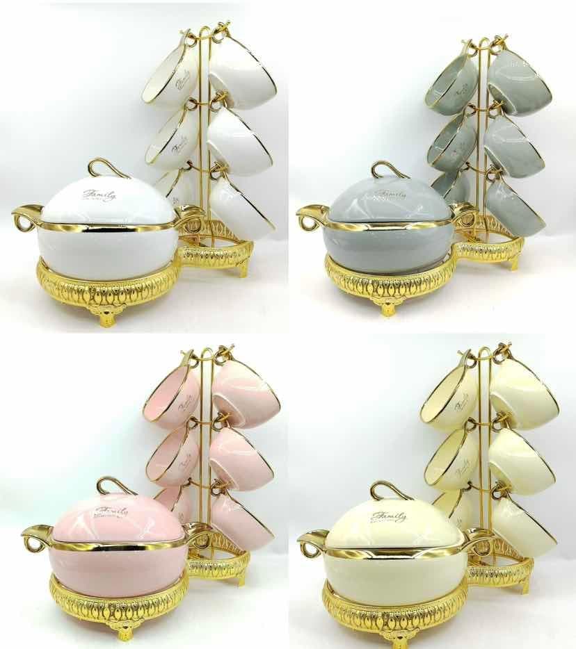 Assorted Ceramic Tea Cup and Sugar Bowl Set with Gold-Trimmed Stand
