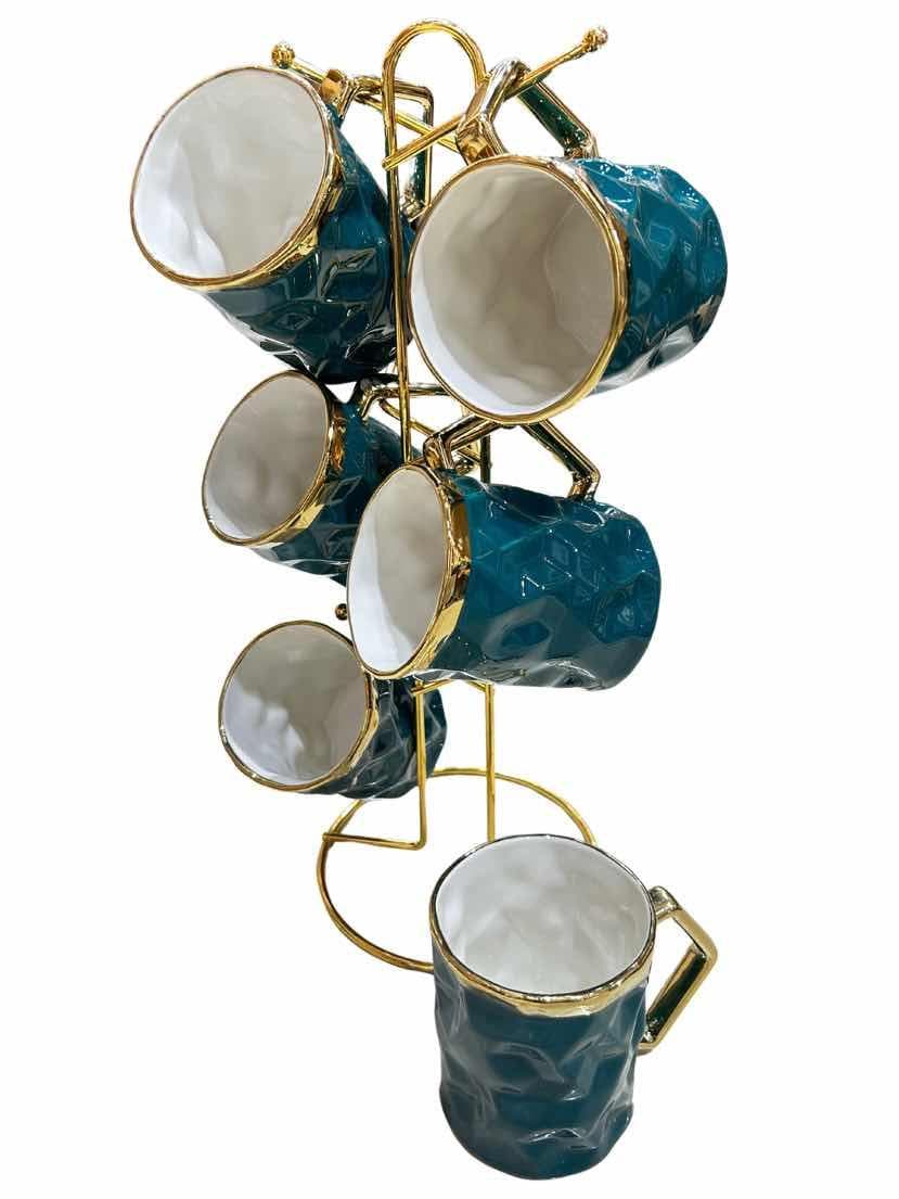 6-Piece Gold-Rimmed Faceted Ceramic Mug Set on Gold Metal Mug Tree, Dark Green