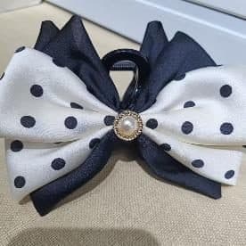 Polka Dot Bow Claw Clip with Pearl, Black and White, 13 cm