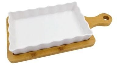 Rectangular Ruffled Ceramic Baking Dish on Bamboo Paddle Board