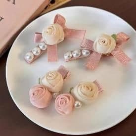 Rose Bow Hair Clips, Pink and Cream