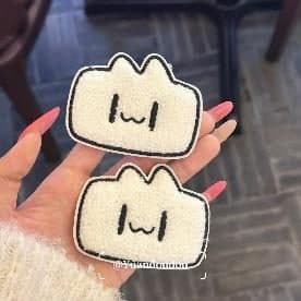 Cat Face Embroidered Hair Clips, Cream