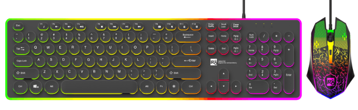 R8 GW1006 104 Keys Wired LED Keyboard & Mouse Combo with multimedia function keys RGB Lighting Ar...