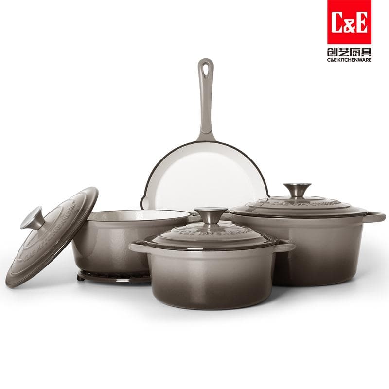 8pc Enamel Cast Iron Cookware Set, 20/22/24cm Casseroles and 25cm Frying Pan