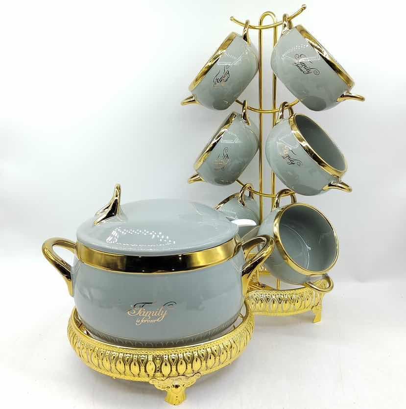 Ceramic Sugar Bowl and Six Cup Set with Gold Stand, Grey