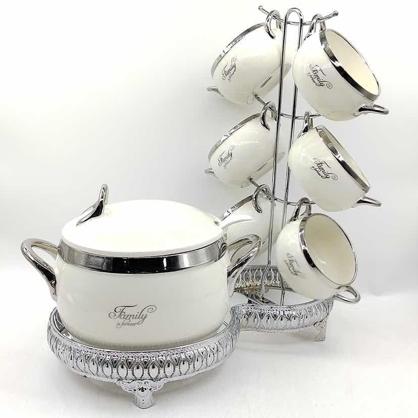 Ceramic Sugar Bowl and Six Cup Set with Silver Stand, White