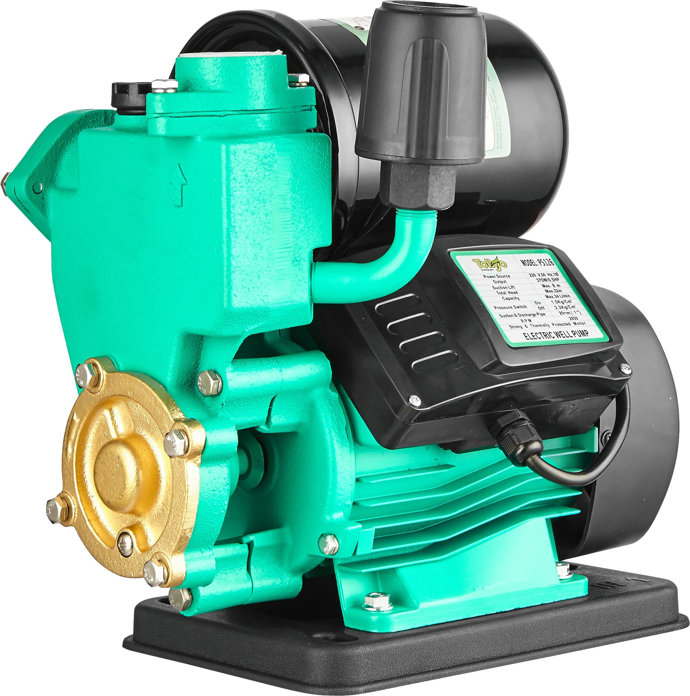 Tolkyo PS126 Self-Priming Booster Pump, 0.5HP / 0.37kw, 2.1 m3/h, 28m Head, Stator ø90*90p