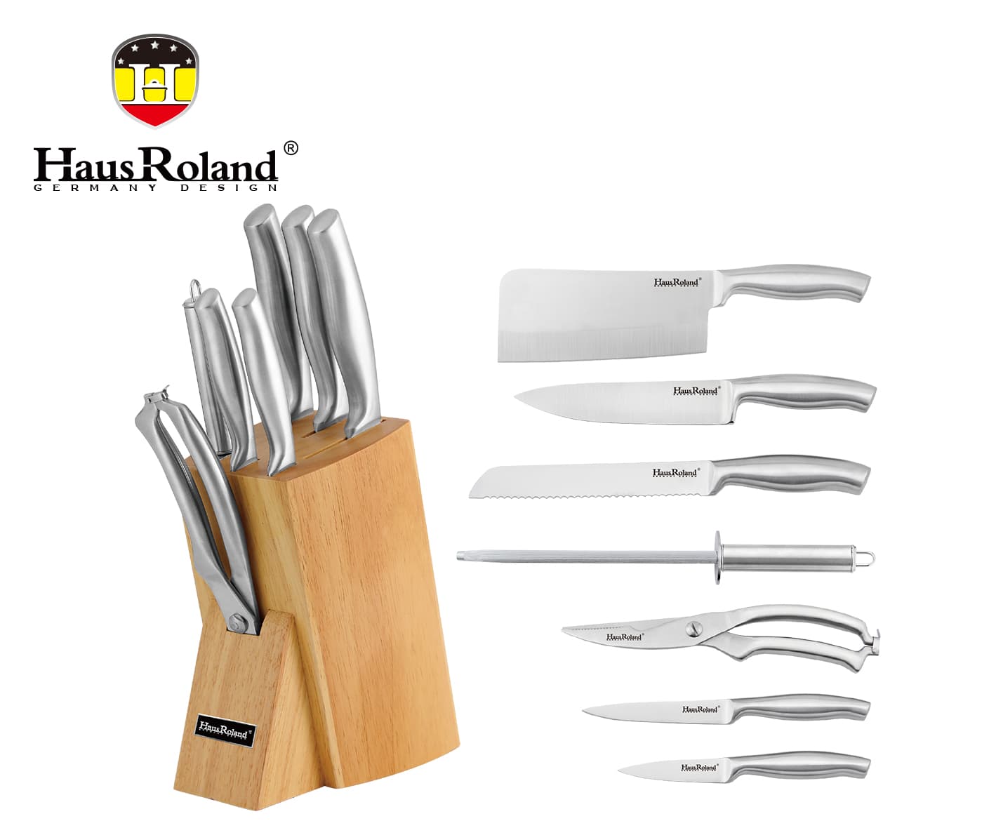 HausRoland 8-Piece Kitchen Knife Set with Steel Handles and Wooden Block