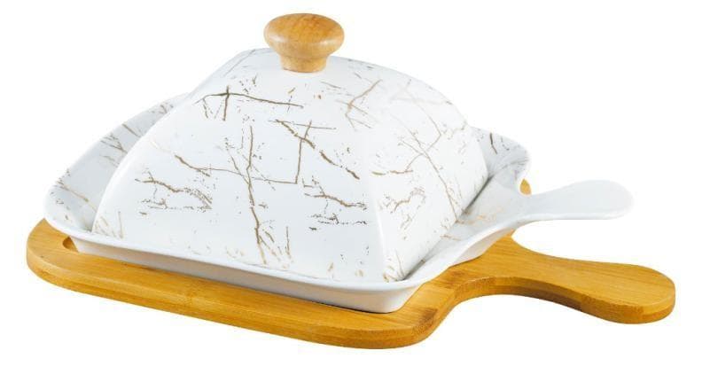 Marble-Effect Square Ceramic Butter Dome on Bamboo Paddle Board, Large