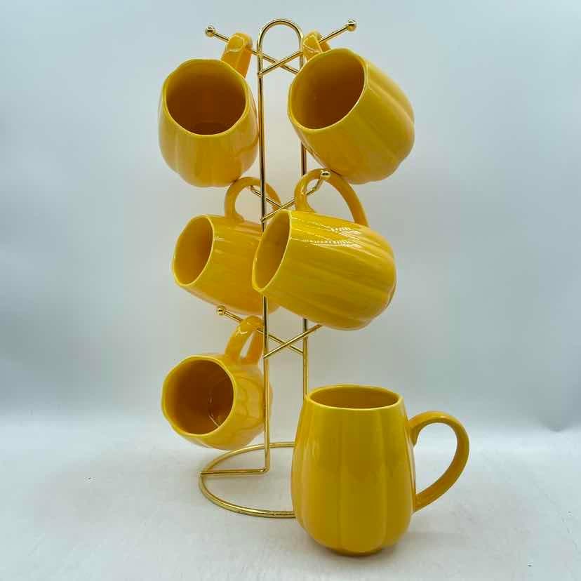 6-Piece Ribbed Ceramic Mug Set on Gold Metal Mug Tree, Yellow