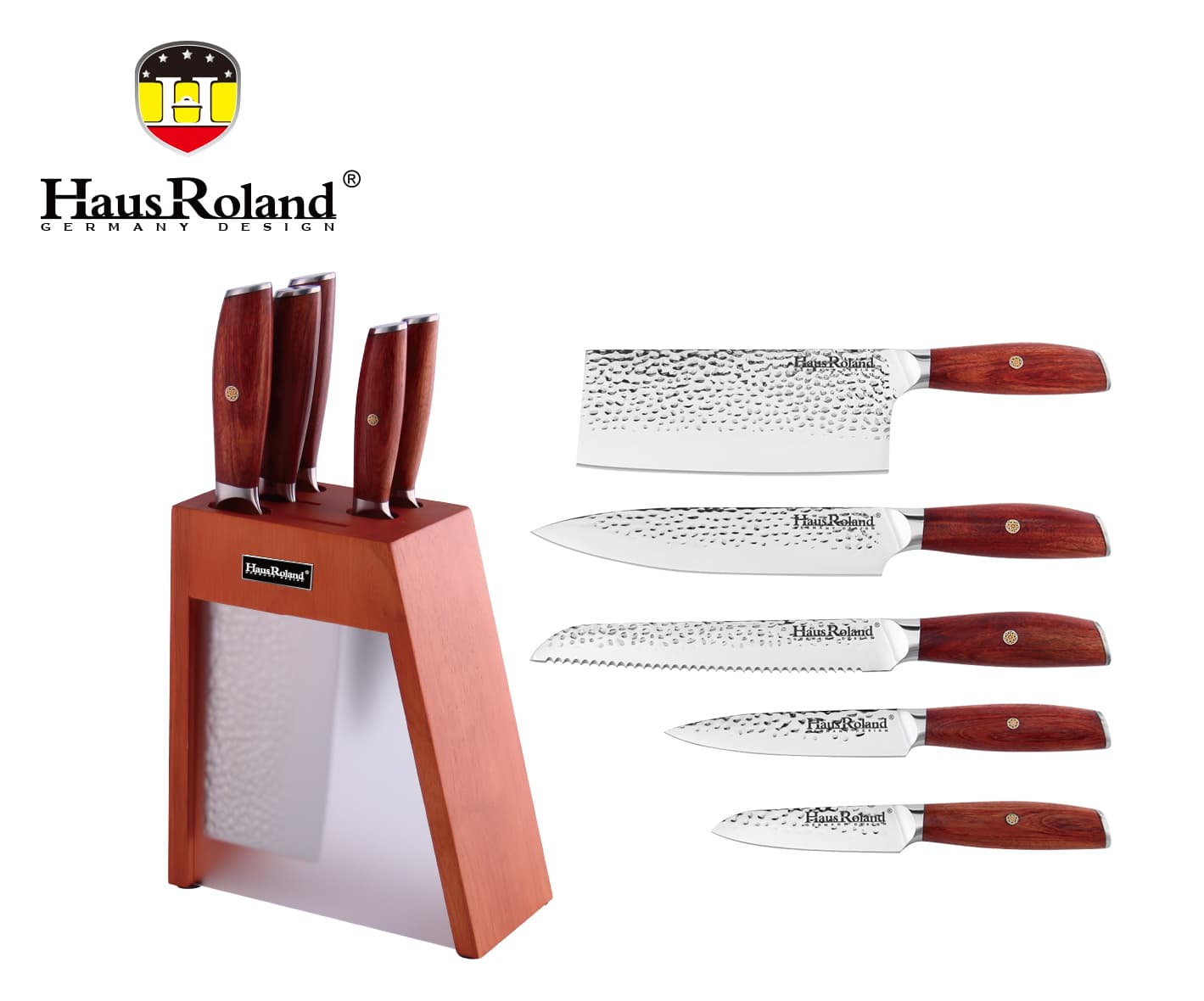 HausRoland 6-Piece Hammered Kitchen Knife Set with Wooden Block