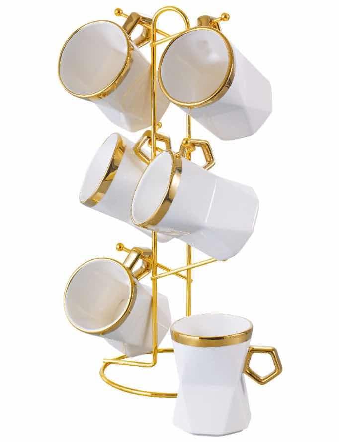 6-Piece Gold-Rimmed Hexagonal Ceramic Mug Set on Gold Metal Mug Tree, White