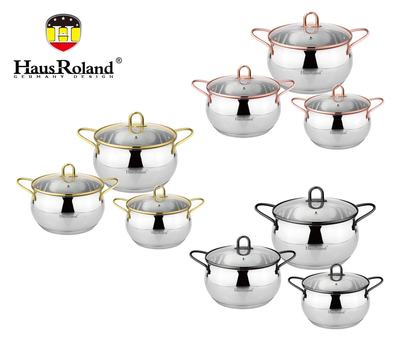 HausRoland HR109-1 Stainless Steel Belly Cookware Set with Coloured Trim