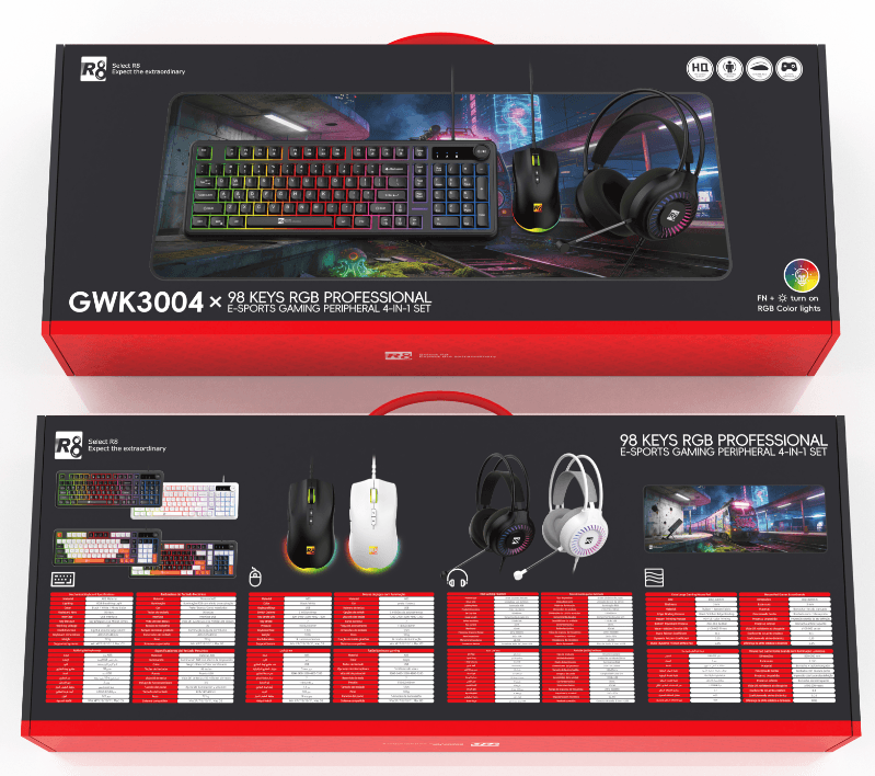 R8 GWK3004 98 Keys Wired Gaming Keyboard with Rotary Knob & Mouse & Mouse pad & Headset Combo Eng...