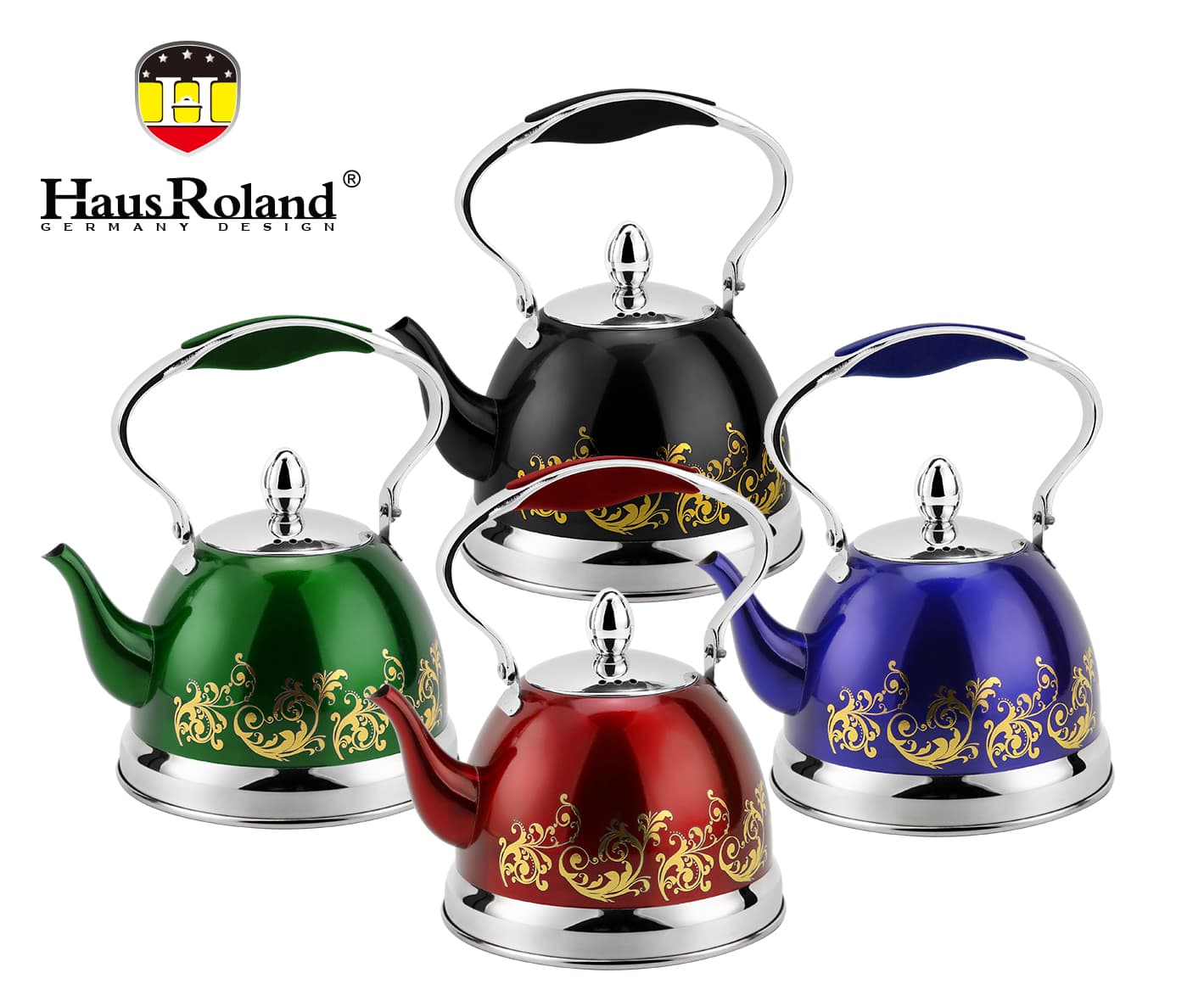 HausRoland Whistling Stovetop Kettle with Gold Scroll Pattern, Small