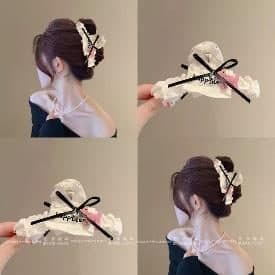 Lace Bow Claw Clip, Cream and Black