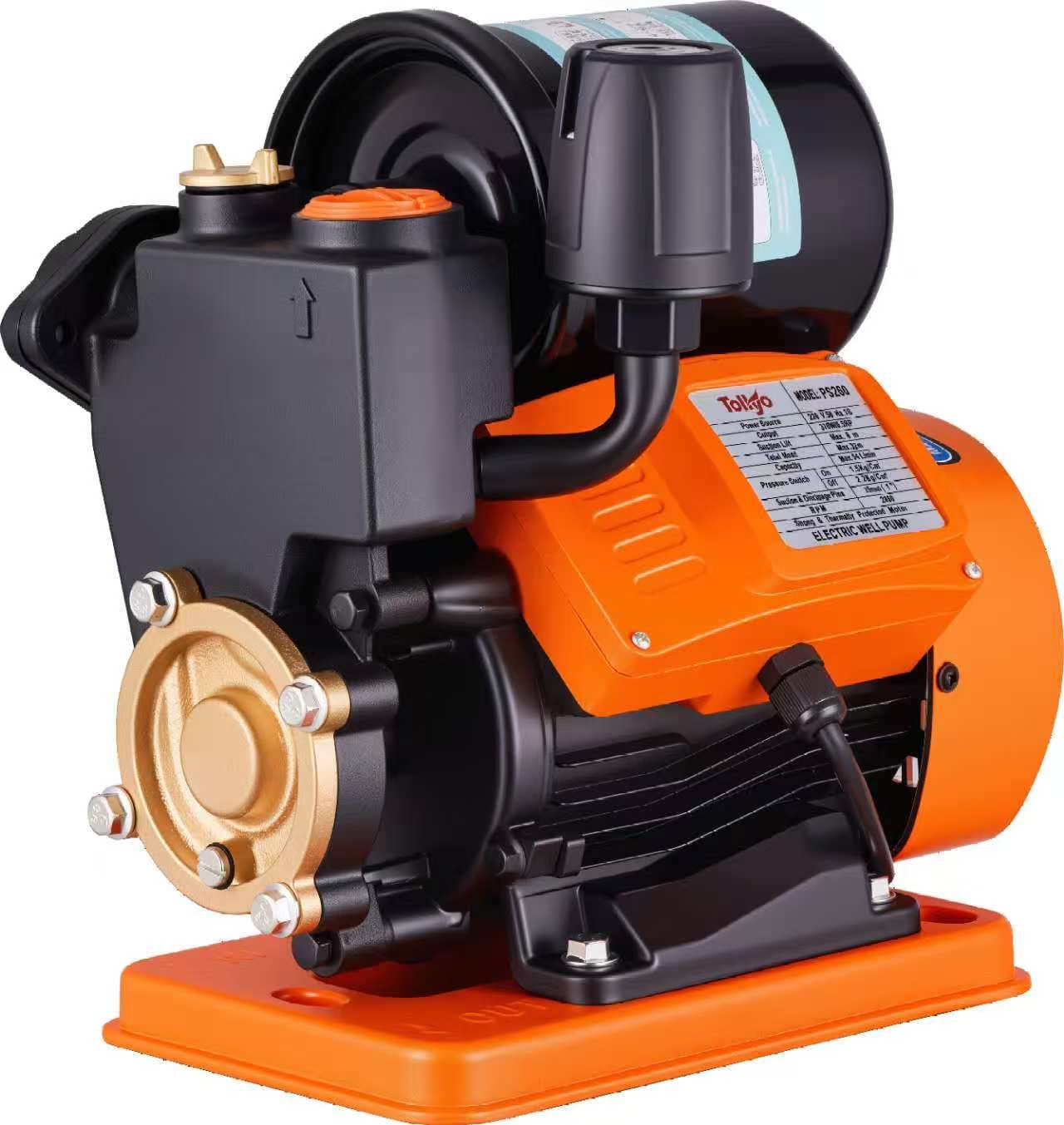 Tolkyo PS260 Self-Priming Booster Pump, 0.5HP / 0.37kw, 1.9 m3/h, 27m Head, Stator ø90*90p