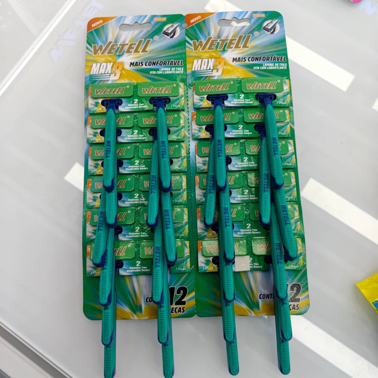 WeTell Max 3 Triple Blade Disposable Razors, Individually Wrapped, 12-Count Hanging Card