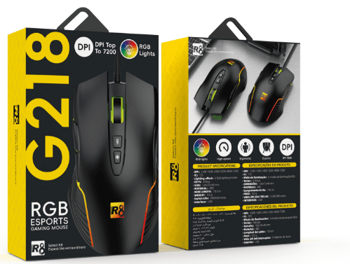 R8 G218 7D Wired Gaming Mouse RGB Lighting, 800-1200-1600-2400-4800-7200 DPI