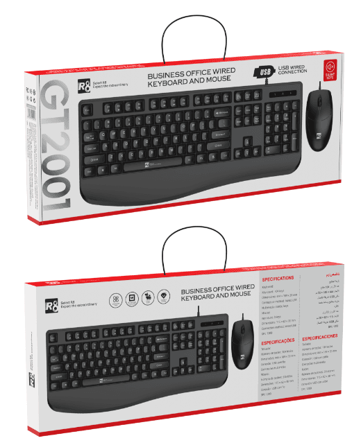 R8 GT2001 Wired Keyboard and Mouse Combo with wrist rest English & Arabic layout, 1200 DPI, 104 Keys